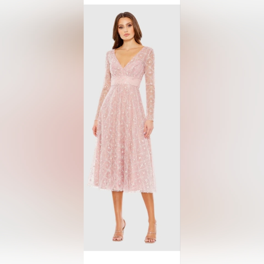 Mac Duggal Embellished Illusion Long Sleeve Dress 68003 Rose SZ 6 Midi Gown NWT
